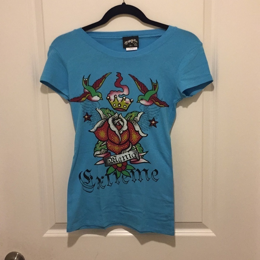 Blue Bejeweled Rose Tattoo Print T-shirt NWT